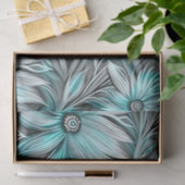 Papier Mousseline Belle impression Florale Turquoise Bleue (Cadeau)