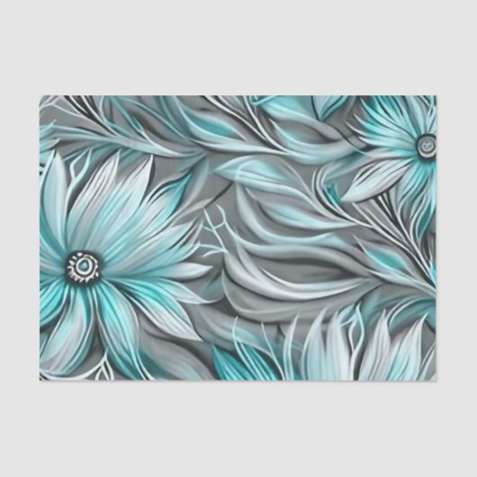 Papier Mousseline Belle impression Florale Turquoise Bleue (Recto)
