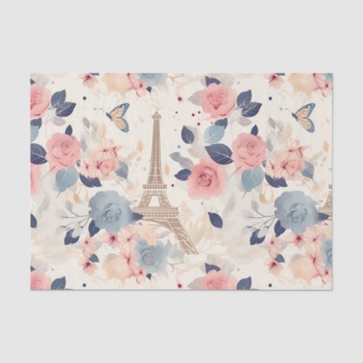 Papier Mousseline Belles Fleurs et Tour Eiffel Paris (Recto)
