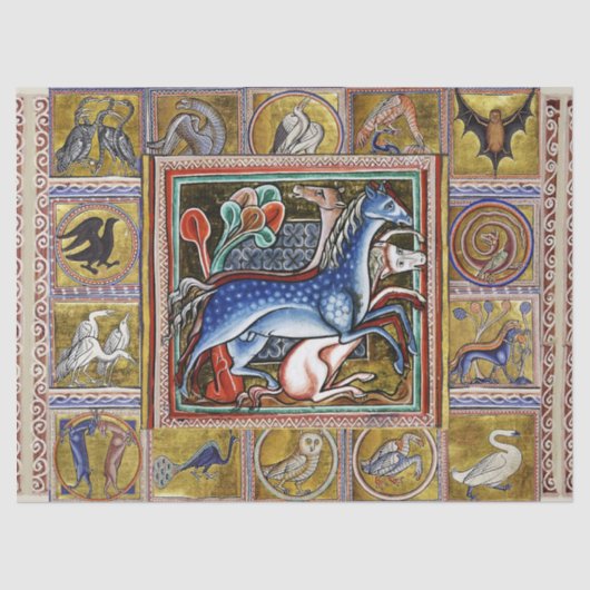 PAPIER MOUSSELINE BESTIAIRE MÉDIÉVAL, CHEVAUX, ANIMAUX FORESTIERS (Recto)