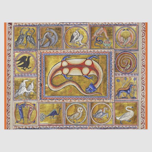 PAPIER MOUSSELINE BESTIAIRE MÉDIÉVAL, SALAMANDRE, ANIMAUX FORESTIERS (Recto)