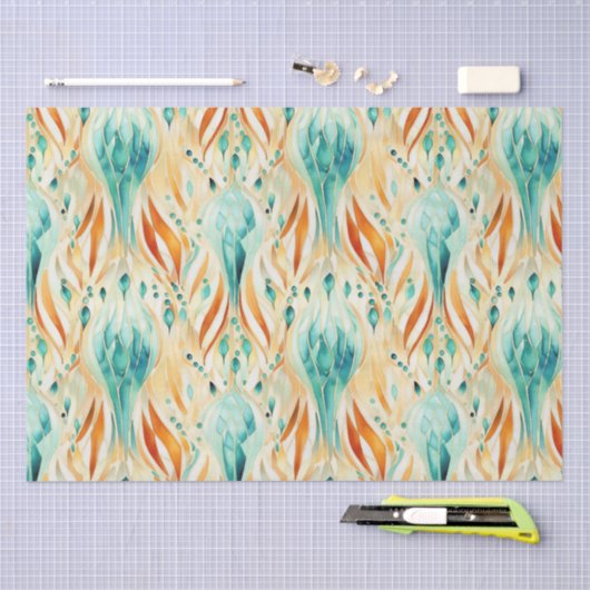 Papier Mousseline Bijou Abstrait Turquoise Mandarine (Artisanat)