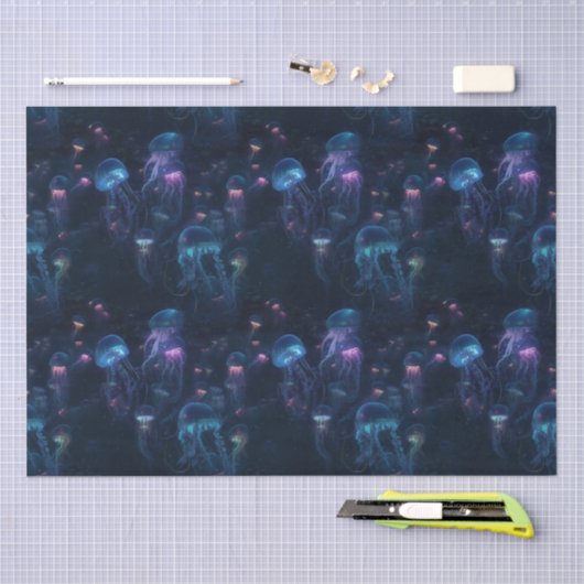Papier Mousseline Bioluminescente méduse Océan Motif répétitif (Artisanat)
