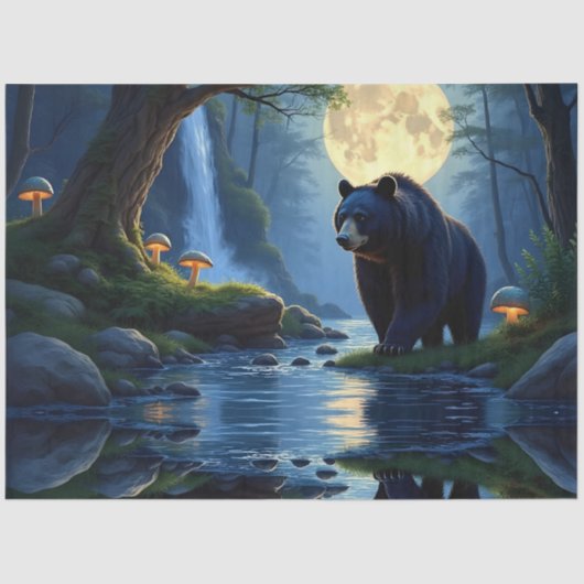 Papier Mousseline Black Bear at the stream under moonlight (Recto)