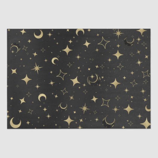 Papier Mousseline Black & Gold Moderne Lune Céleste Étoiles Mariage (Recto)