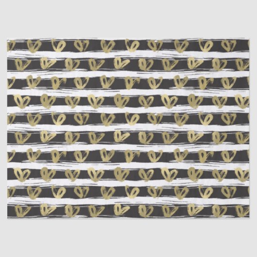 Papier Mousseline Black White Stripes Gold Hearts (Recto)