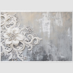 Papier Mousseline Blanc cassé floral en dentelle brodée avec patine