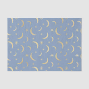 Papier Mousseline Bleu avec Lunes et Soleils en Or