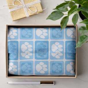 Papier Mousseline Bleu bébé clair et blanc motif empreinte de patte