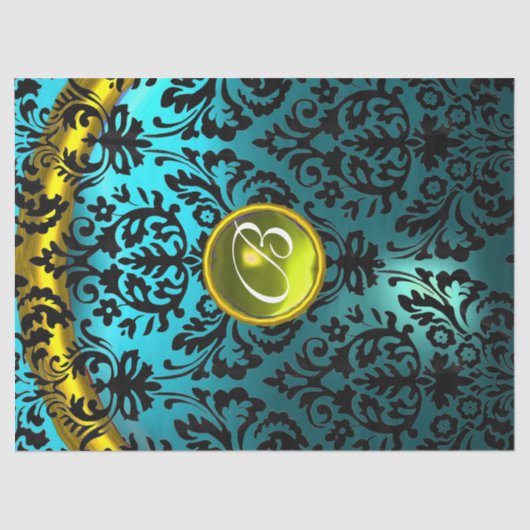 PAPIER MOUSSELINE BLEU BLACK DAMASK JAUNE MONOGRAM EN PIERRE JAUNE F (Recto)