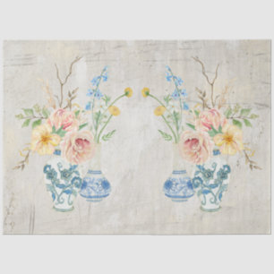 Papier Mousseline Bleu Blanc Chinoiserie Rose Peony Bouquet Floral