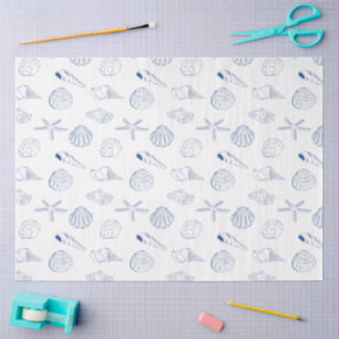 Papier Mousseline Bleu blanc Main dessinée Sea Shells Plage Été