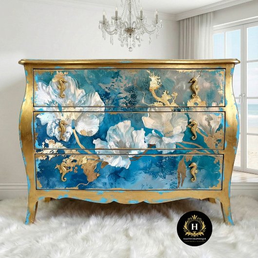 Papier Mousseline Bleu côtier et or algues florales