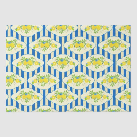 Papier Mousseline Bleu d'été et citrons et Motif Feuille (Recto)