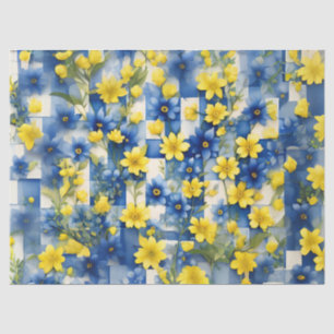Papier Mousseline Bleu et blanc En vichy avec Fleur Bleu et Jaune