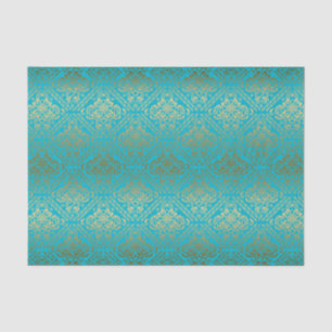 Papier Mousseline Bleu Et Faux Or Métallurique Damas Floraux