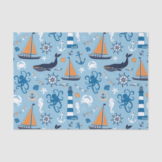 Papier Mousseline Bleu et orange d'océan nautiques (Recto)