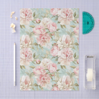 Papier Mousseline Bleu et rose floral shabby chic