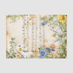 Papier Mousseline Bleu, fleurs jaunes Feuille de musique vintage éph