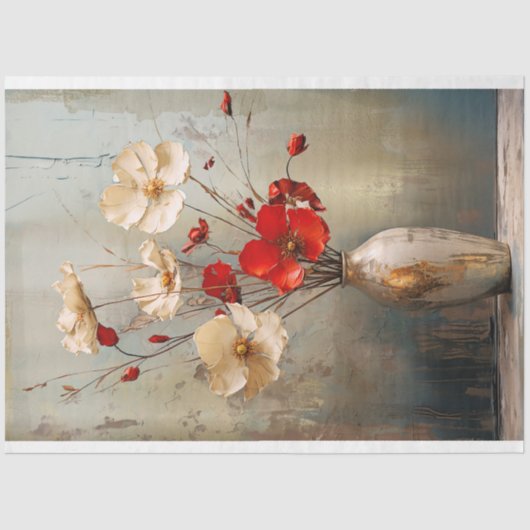 Papier Mousseline Bleu gris clair rustique, Fleurs et Vase Beige & R (Recto)