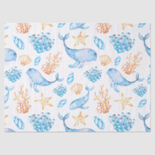 Papier Mousseline Bleu marine mignonne Baleines Océan Brown Vie