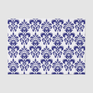 Papier Mousseline Bleu marine, motif vintage blanc 2 de damassé