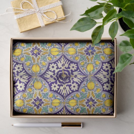 Papier Mousseline Bleu Méditerranée Motif Fleurs Jaunes (Cadeau)