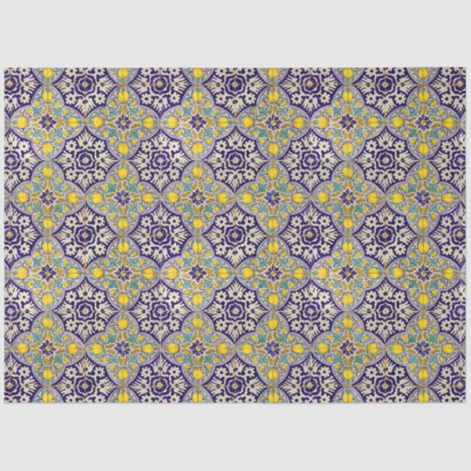 Papier Mousseline Bleu Méditerranée Motif Fleurs Jaunes (Recto)