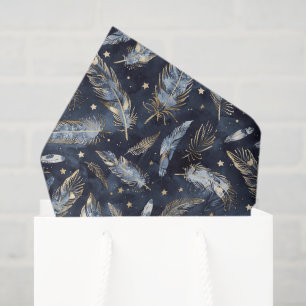 Papier Mousseline Bleu Or Plumes Étoiles Anniversaire