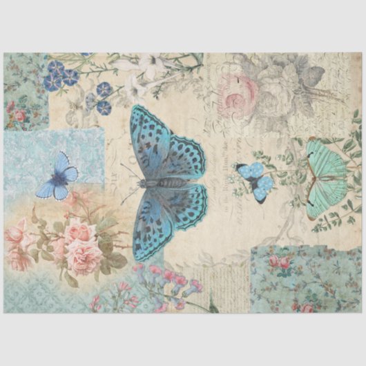 Papier Mousseline Bleu papillon floral Script Ephemera Découpage (Recto)