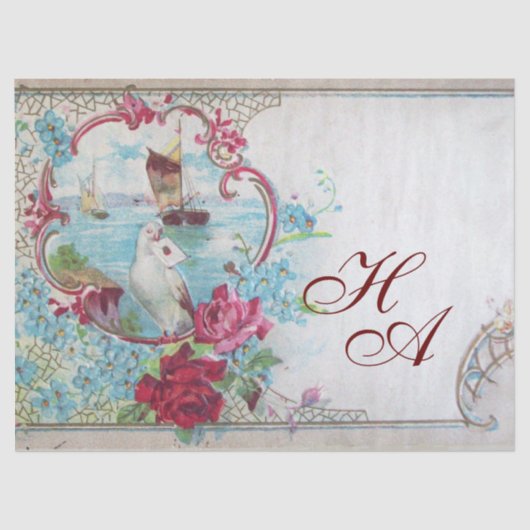 PAPIER MOUSSELINE BLEU ROMANTIQUE FLEURS ROSES, COLOMBE, ROSES ET PA (Recto)