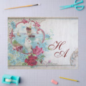 PAPIER MOUSSELINE BLEU ROMANTIQUE FLEURS ROSES ET PAYSAGE MARIN  (Artisanat)