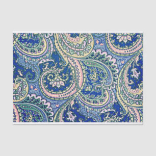 Papier Mousseline Bleu, Rose, Vert Fleurs De Paisley, Feuille