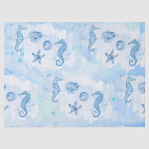 Papier Mousseline Bleu Seahorse Starfish Sea Shillers Watercolor Lav