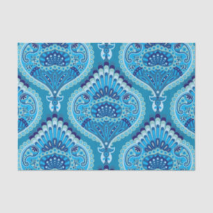 Papier Mousseline Bleuâtre - Paisley à plumes