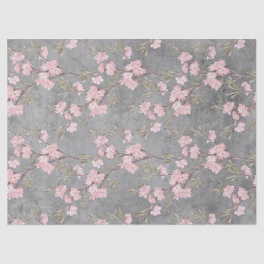 Papier Mousseline Blossoms et branches roses sur Découpage gris (Recto)