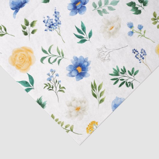 Papier Mousseline Blue and Yellow Flowers with Foliage Pattern (Détail)
