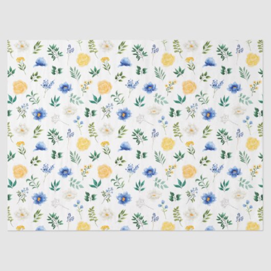 Papier Mousseline Blue and Yellow Flowers with Foliage Pattern (Recto)