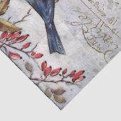 Papier Mousseline Blue Bird Red Berries French Script Decoupage (Détail)