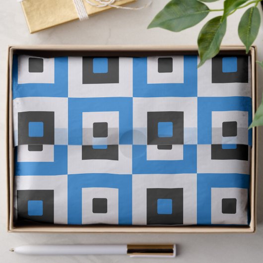 Papier Mousseline Blue Black and White Checkered Squares Pattern