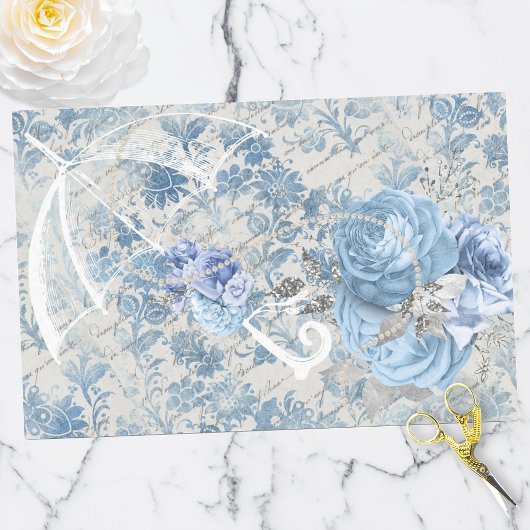 Papier Mousseline Blue Damask Ephemera Floral Country Chic
