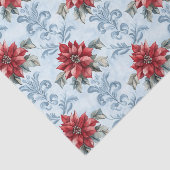 Papier Mousseline Blue Damask Pattern with Red Poinsettia Flowers (Détail)