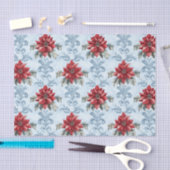 Papier Mousseline Blue Damask Pattern with Red Poinsettia Flowers (Artisanat)