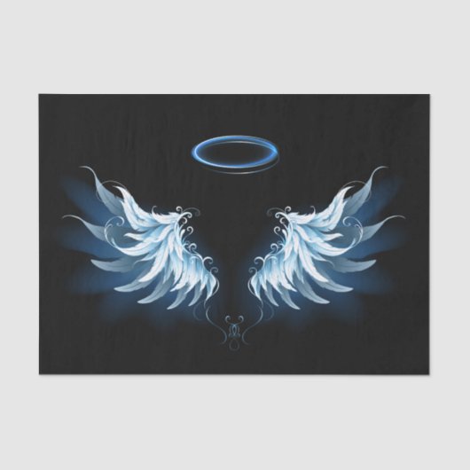 Papier Mousseline Blue Glowing Angel Wings on black background (Recto)