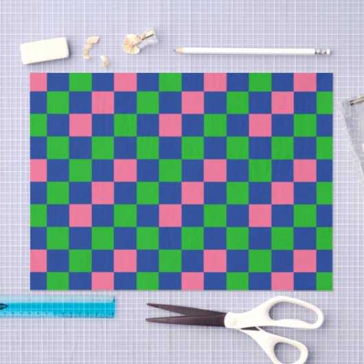 Papier Mousseline Blue Green Pink Checkered Pattern Design  (Artisanat)
