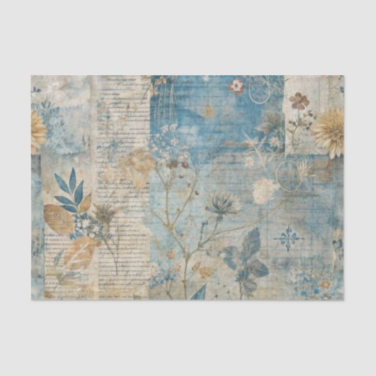 Papier Mousseline Blue Grungy Distressed Floral Ephemera Collage (Recto)