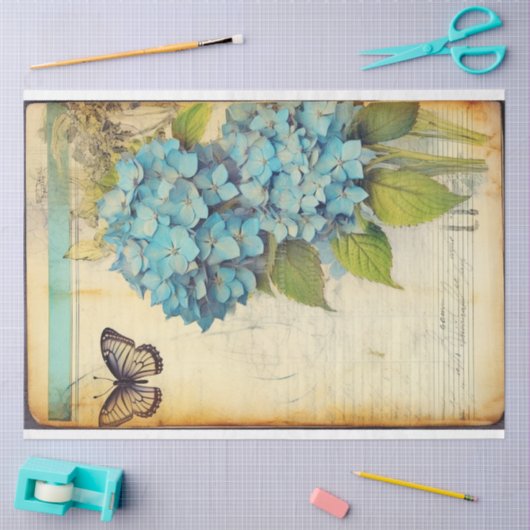 Papier Mousseline Blue hydrangea manuscrit antique éphemera (Artisanat)