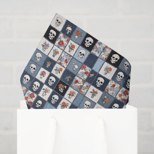 Papier Mousseline Blue Jean Denim Patchwork Skuls Et Florals (Sac cadeau)