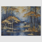Papier Mousseline Blue Lake Gold Trees Découpage papier tissu (Recto)