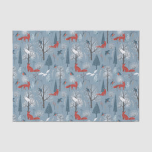 Papier Mousseline Blue Red moderne Nordic Winter Foxes Birds Motif